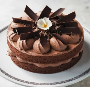 Chocolate mousse cake slice with chocolate shavings