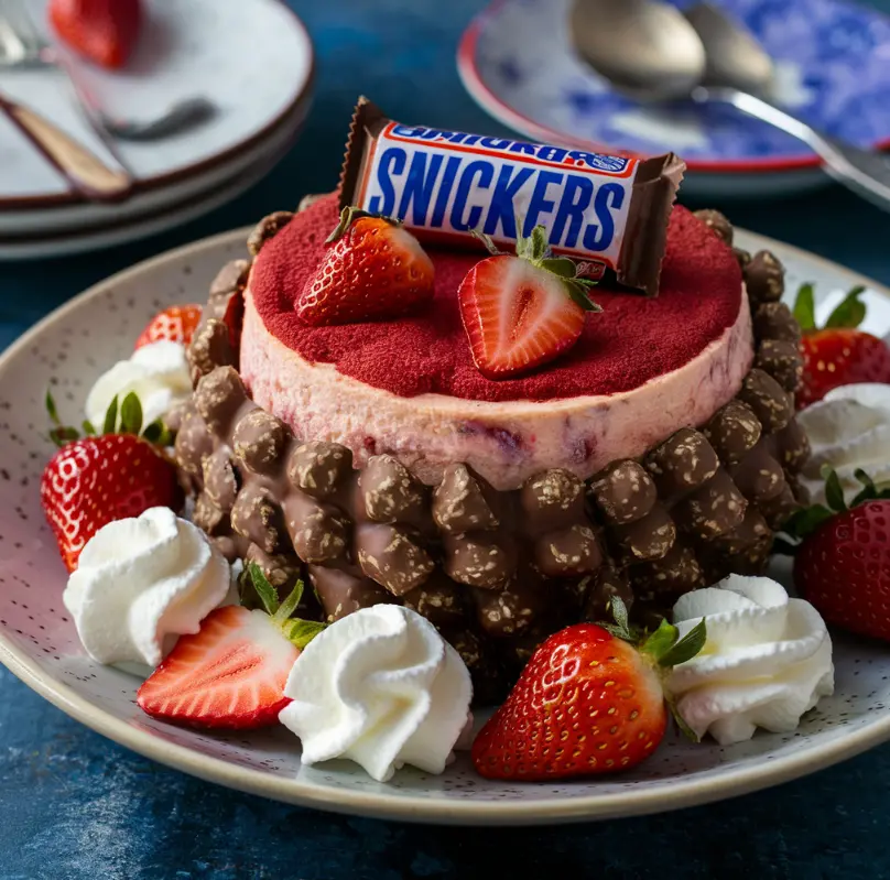 A slice of Strawberry Cheesecake Snickers featuring layers of creamy cheesecake, fresh strawberries, and chunks of Snickers bars on a plate.