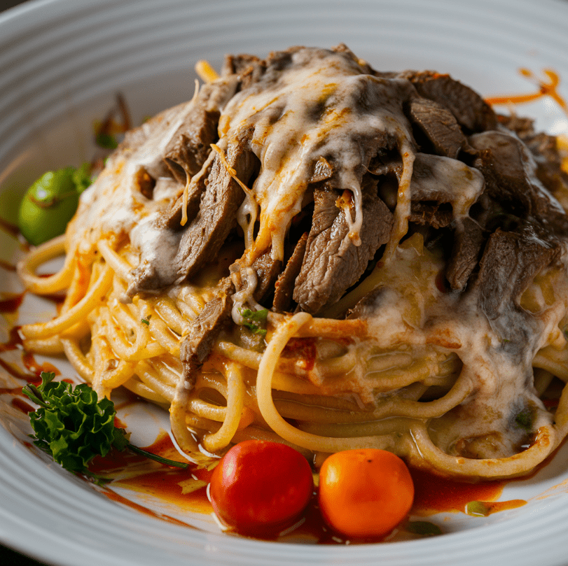 Philly Cheesesteak Pasta with creamy cheese sauce, tender beef, and sautéed vegetables served in a white bowl.