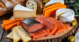 A gourmet platter featuring smoked-salmon ,paired with a variety of cheeses including Brie.