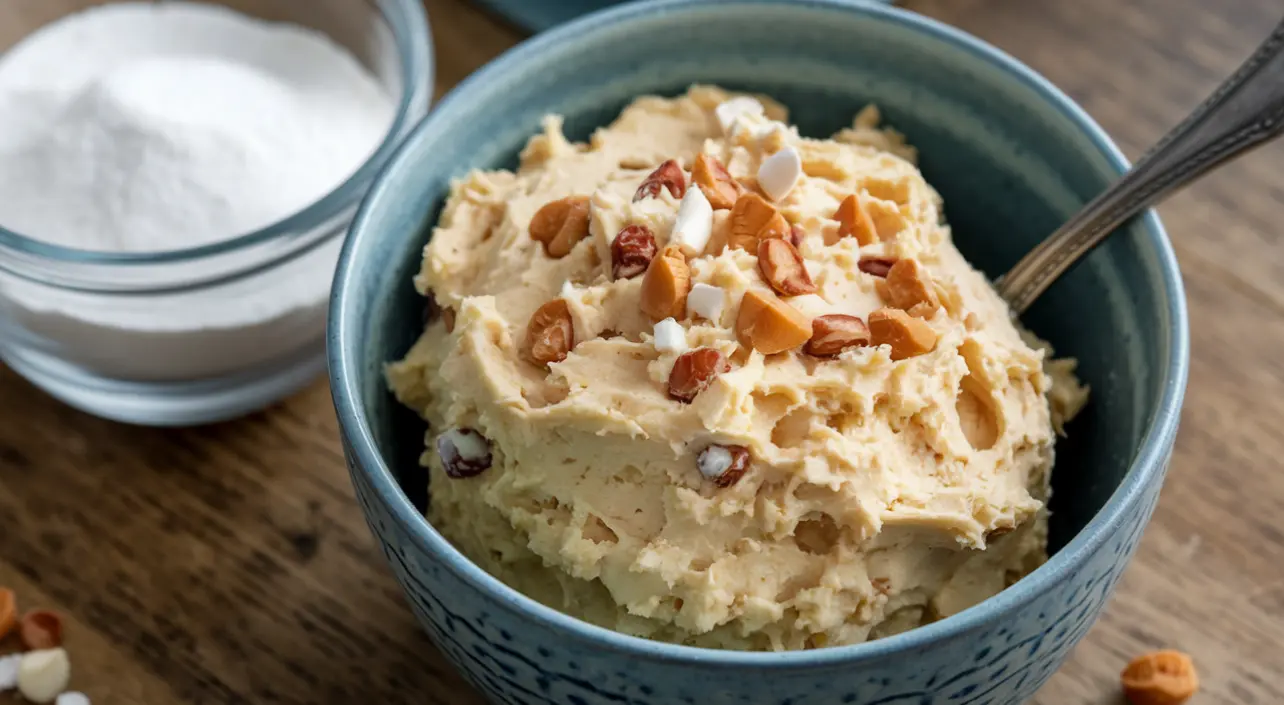 Cottage-cheese-cookie-dough, in a bowl with a spoon .