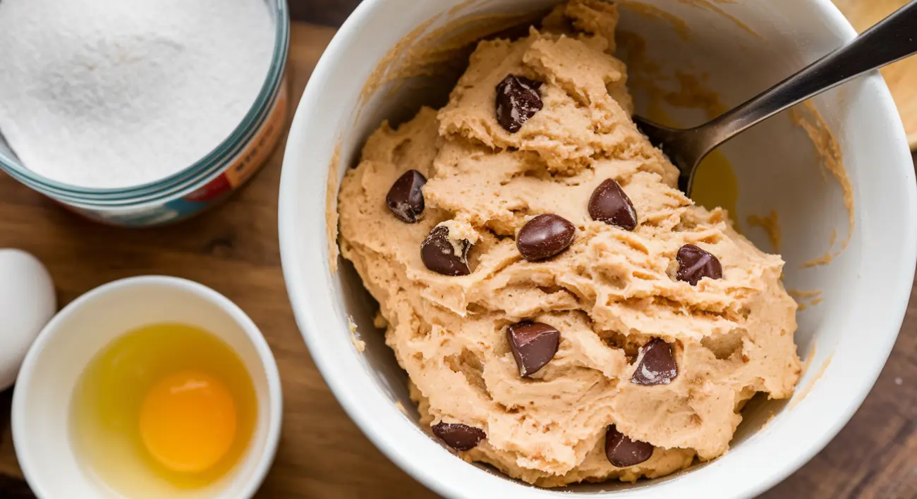 Bowl-of-creamy cottage cheese cookie dough, with chocolate chips.