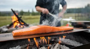 Smoked salmon fillets on a smoker grill with a water pan below, showing moist, tender fish with a golden-brown color.