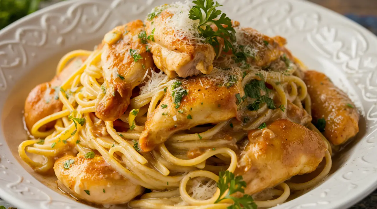 Marry Me Chicken Pasta ,with creamy sauce , and basil garnish.