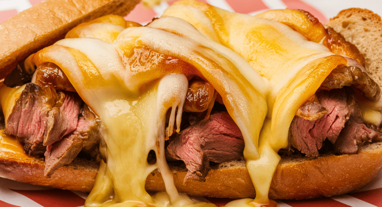 Various melting cheeses for Philly cheesesteak including provolone, Cheez Whiz, and American cheese.