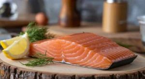 Pre-smoked salmon fillets on a baking sheet with lemon slices, dill, and seasoning, ready for cooking.