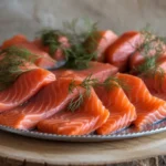 Smoked-salmon, fillets on a wooden board with fresh herbs.