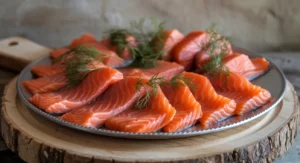 Smoked-salmon, fillets on a wooden board with fresh herbs.