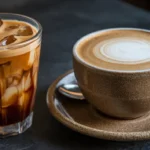 Side-by-side comparison of a Shaken Espresso and a Latte, highlighting the differences in texture, color, and presentation.