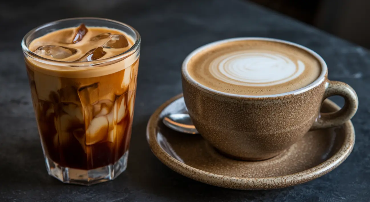 Side-by-side comparison of a Shaken Espresso and a Latte, highlighting the differences in texture, color, and presentation.