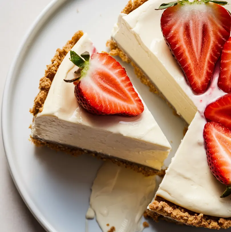 A slice of Strawberry Snickers Cheesecake topped with fresh strawberries and chopped Snickers bars on a white plate.