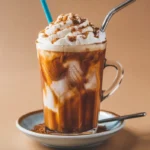 A cup of Brown-Sugar Shaken-Espresso, on a table with visible layers of espresso and milk, highlighting its rich and frothy texture.