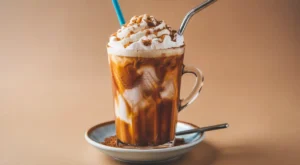 A cup of Brown-Sugar Shaken-Espresso, on a table with visible layers of espresso and milk, highlighting its rich and frothy texture.