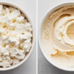 Side-by-side comparison of whipped cottage cheese and regular cottage cheese in bowls,