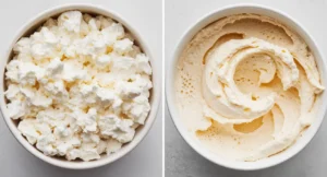 Side-by-side comparison of whipped cottage cheese and regular cottage cheese in bowls,