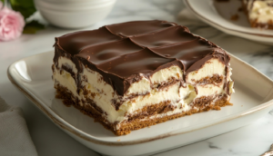 Easy chocolate eclair cake with layers of graham crackers, vanilla pudding, and chocolate frosting.