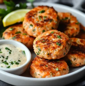 Golden-brown salmon patties served on a plate with lemon slices and fresh herbs.