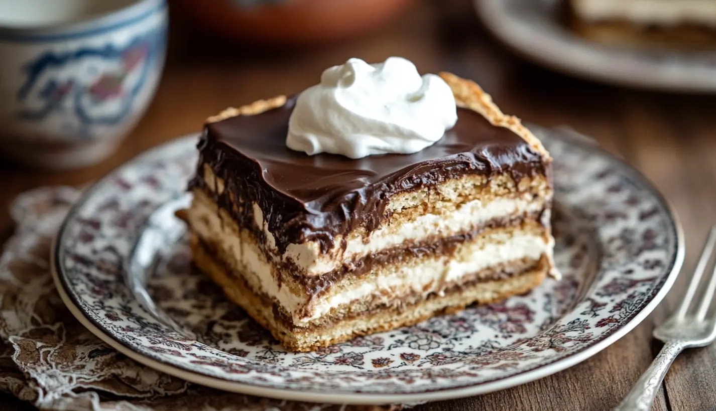 Homemade keto eclair cake with almond flour crust, sugar-free pudding, and low-carb chocolate topping