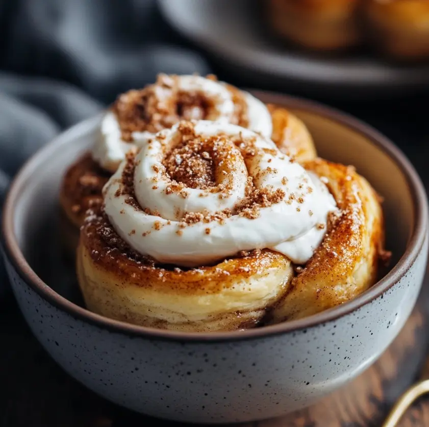 Soft cinnamon rolls with heavy cream, golden brown and fluffy.