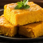 A slice of moist sweet potato cornbread served with honey and butter.