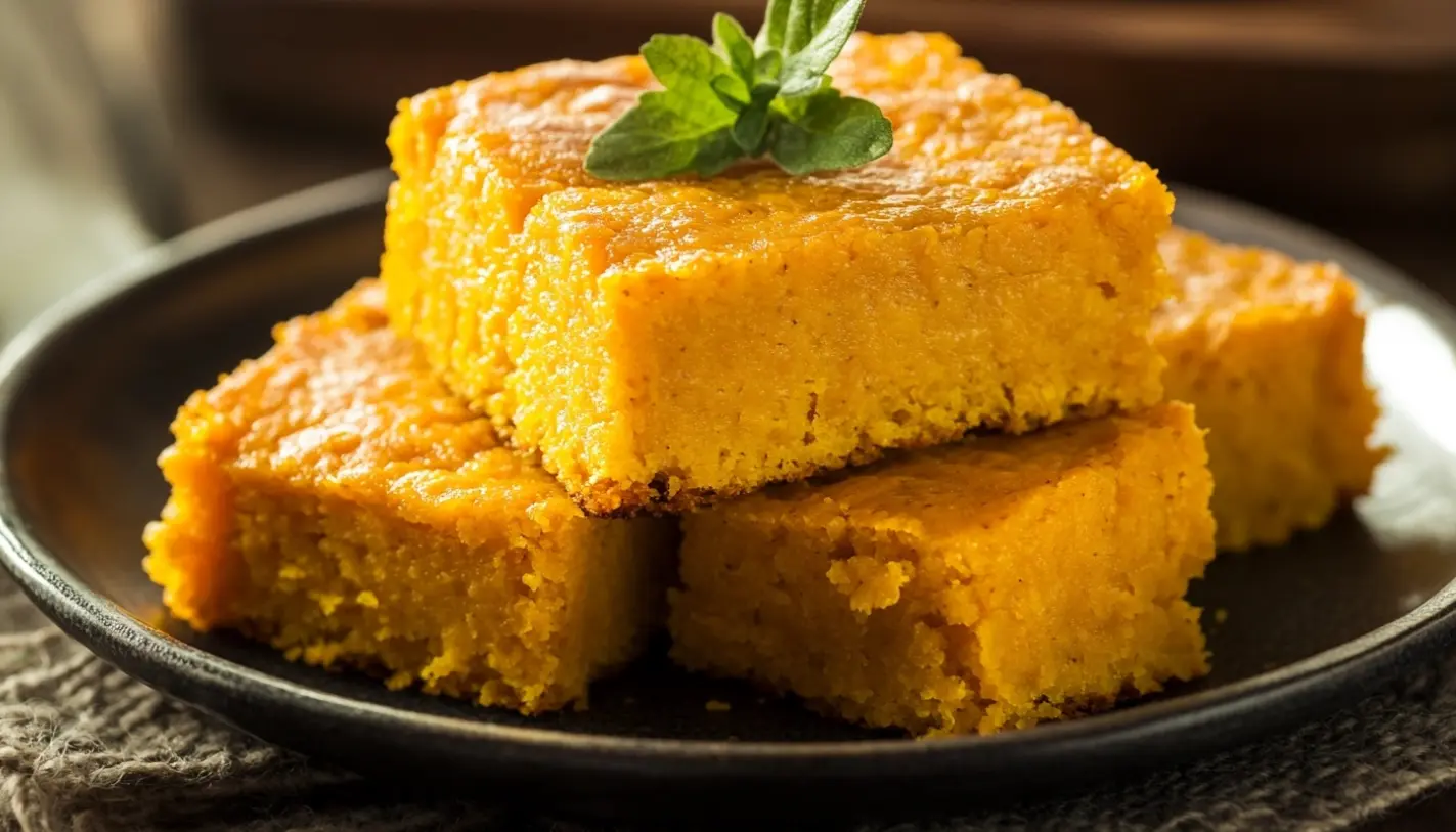 A slice of moist sweet potato cornbread served with honey and butter.