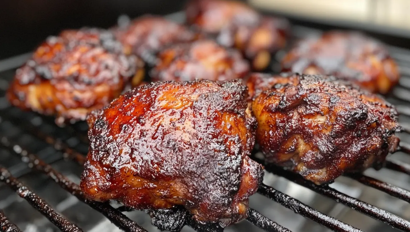 Slow-cooked, juicy chicken thighs with crispy skin, cooked at 250°F, served on a wooden cutting board.