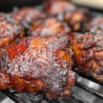 Golden, crispy-skinned smoked chicken thighs sizzling on a BBQ grill with a hint of smoky char.