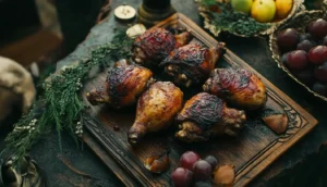 Chicken thighs smoking at 225°F on a grill with light wood smoke.