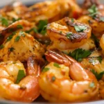 Chicken and shrimp on a plate with vegetables.