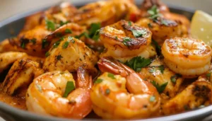 Chicken and shrimp on a plate with vegetables.