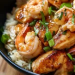 Grilled chicken and shrimp on a plate with vegetables.