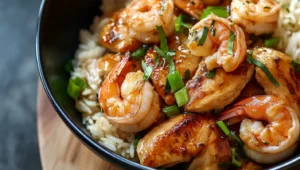 Grilled chicken and shrimp on a plate with vegetables.