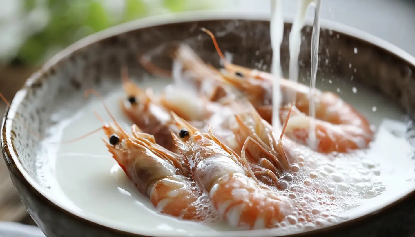 Shrimp soaking in milk before frying