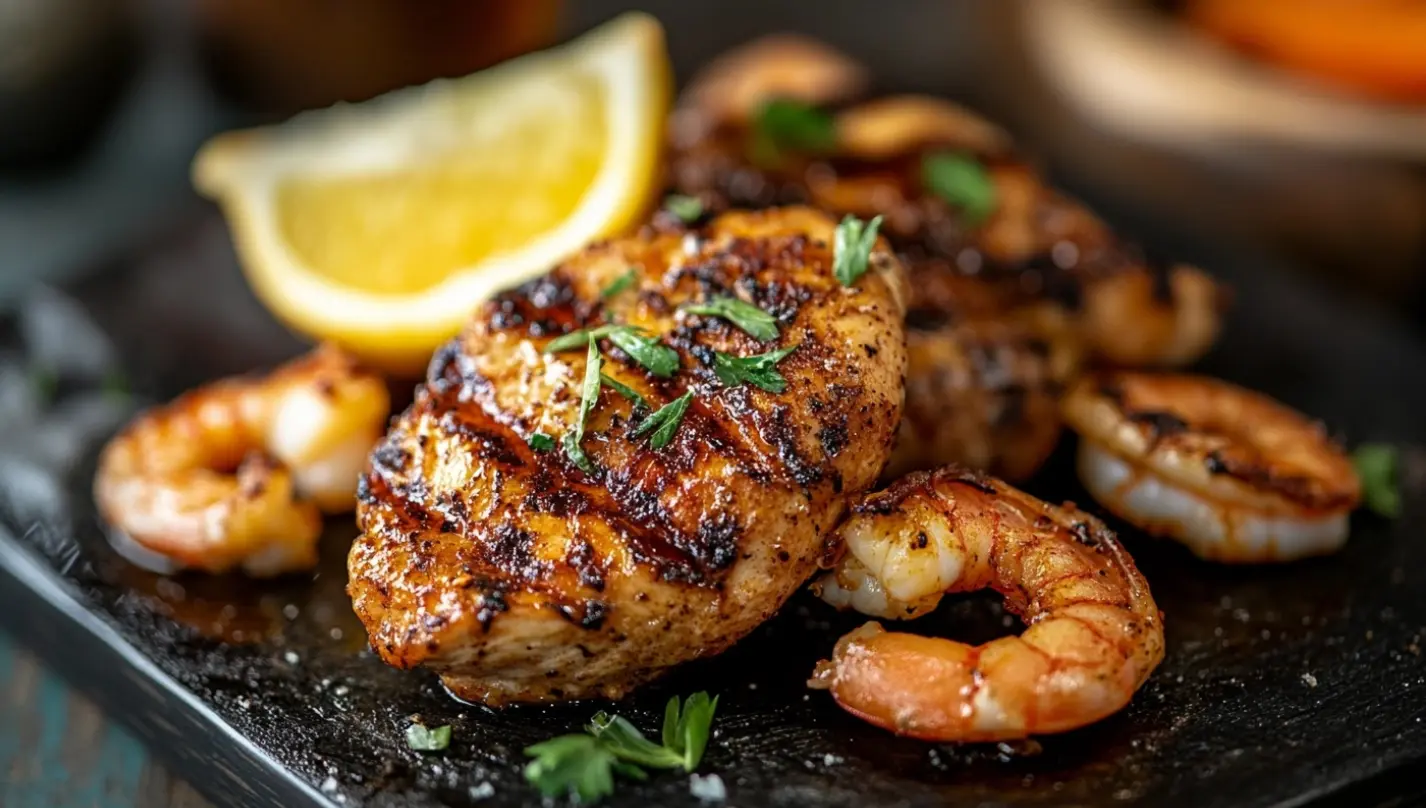 Grilled chicken and shrimp on a plate with vegetables