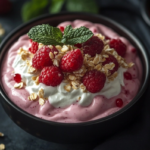 Bowl of high protein yogurt topped with fresh berries.