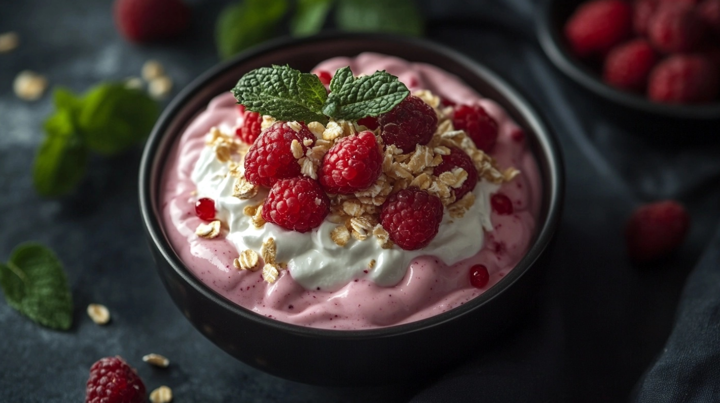 Bowl of high protein yogurt topped with fresh berries.