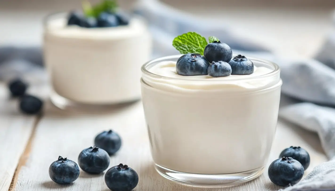 A variety of yogurt types displayed in containers, highlighting protein-rich options like Greek, Skyr, and plant-based yogurt.