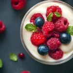 A bowl of protein yogurt with fresh berries and nuts, showcasing a nutritious and high-protein snack