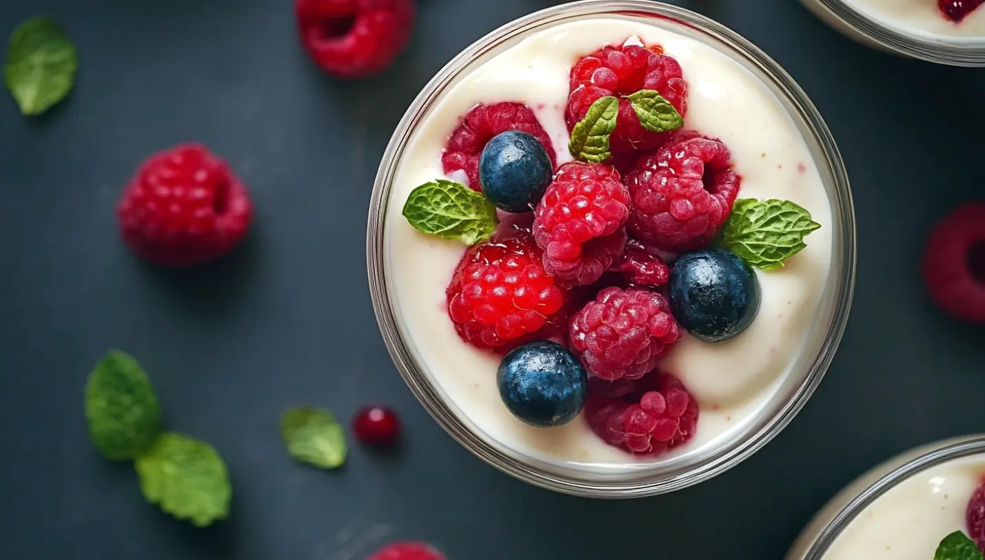 A bowl of protein yogurt with fresh berries and nuts, showcasing a nutritious and high-protein snack