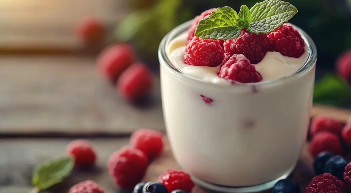 A creamy bowl of high-protein yogurt topped with fresh berries and granola, highlighting its nutritional value.