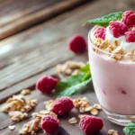 A bowl of protein yogurt with fresh berries and nuts, showcasing a nutritious and high-protein snack.