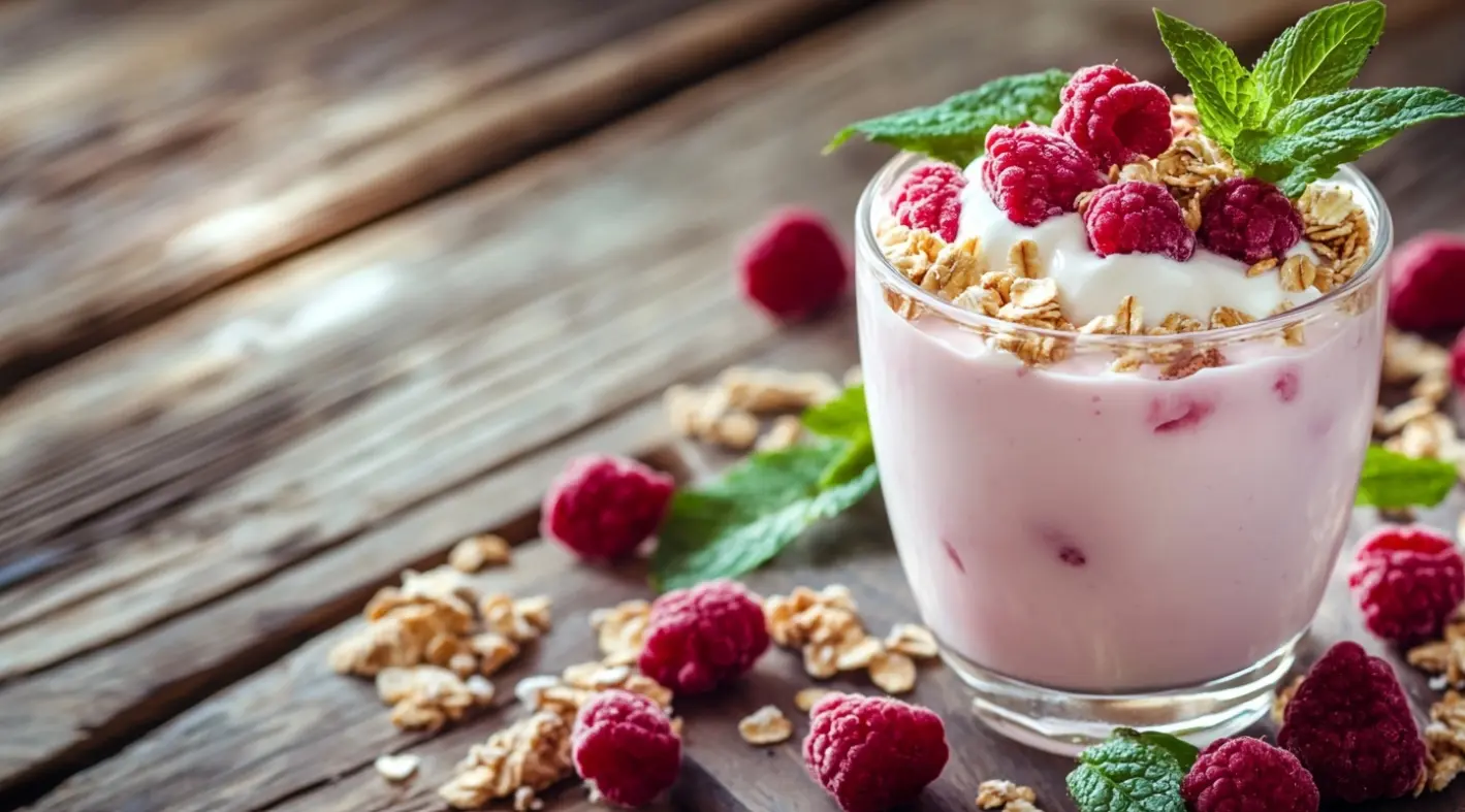 A bowl of protein yogurt with fresh berries and nuts, showcasing a nutritious and high-protein snack.