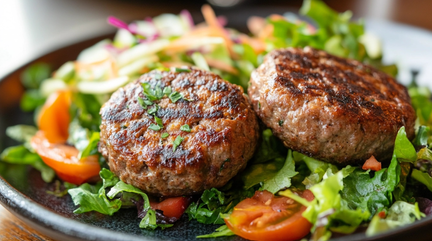 A grilled beef patty served on a plate with healthy sides like vegetables and a whole-grain bun.