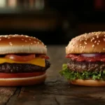 A juicy beef patty served on a plate, next to a fully assembled beef burger with toppings.