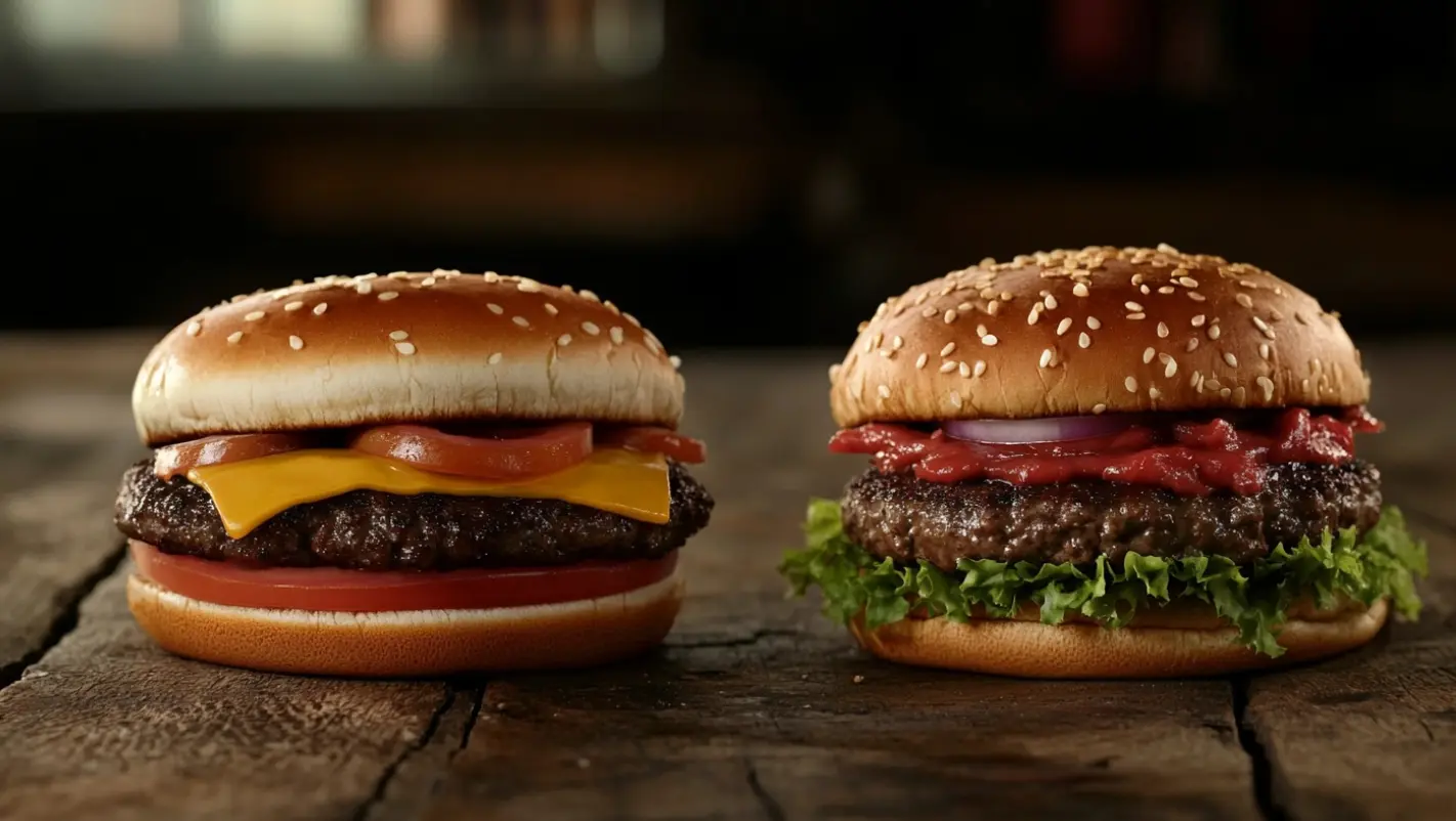 A juicy beef patty served on a plate, next to a fully assembled beef burger with toppings.