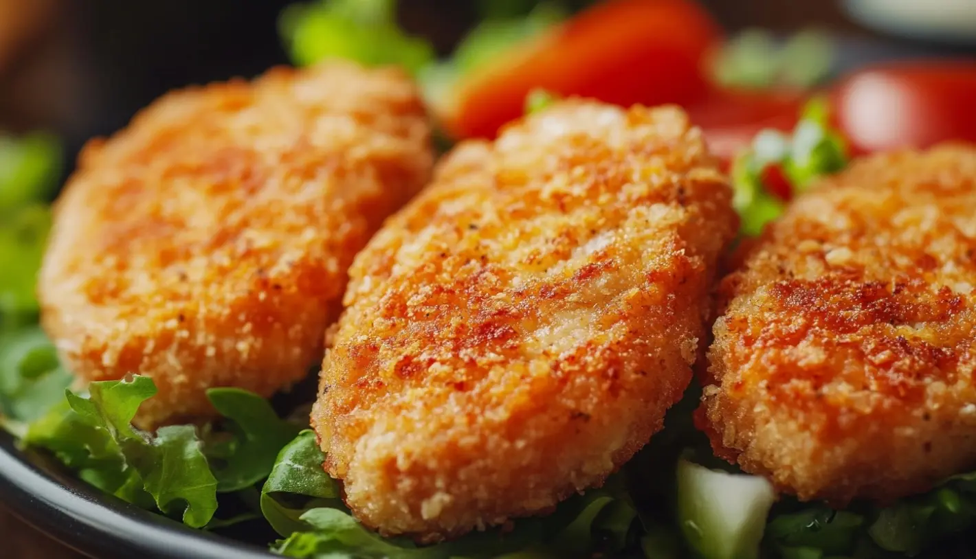 Raw chicken cutlets on a wooden board with fresh herbs and spices.