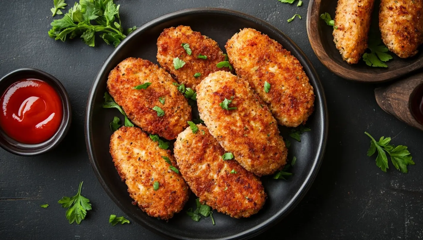 Perfectly crispy chicken cutlet on a white plate, served with lemon wedges and a fresh green salad.