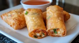 Shrimp egg rolls fried to golden perfection served with dipping sauce.