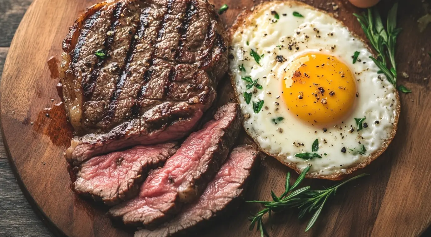 A plate of perfectly cooked steak and eggs served with avocado and fresh vegetables.