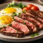 A perfectly cooked steak paired with sunny-side-up eggs on a rustic breakfast table.